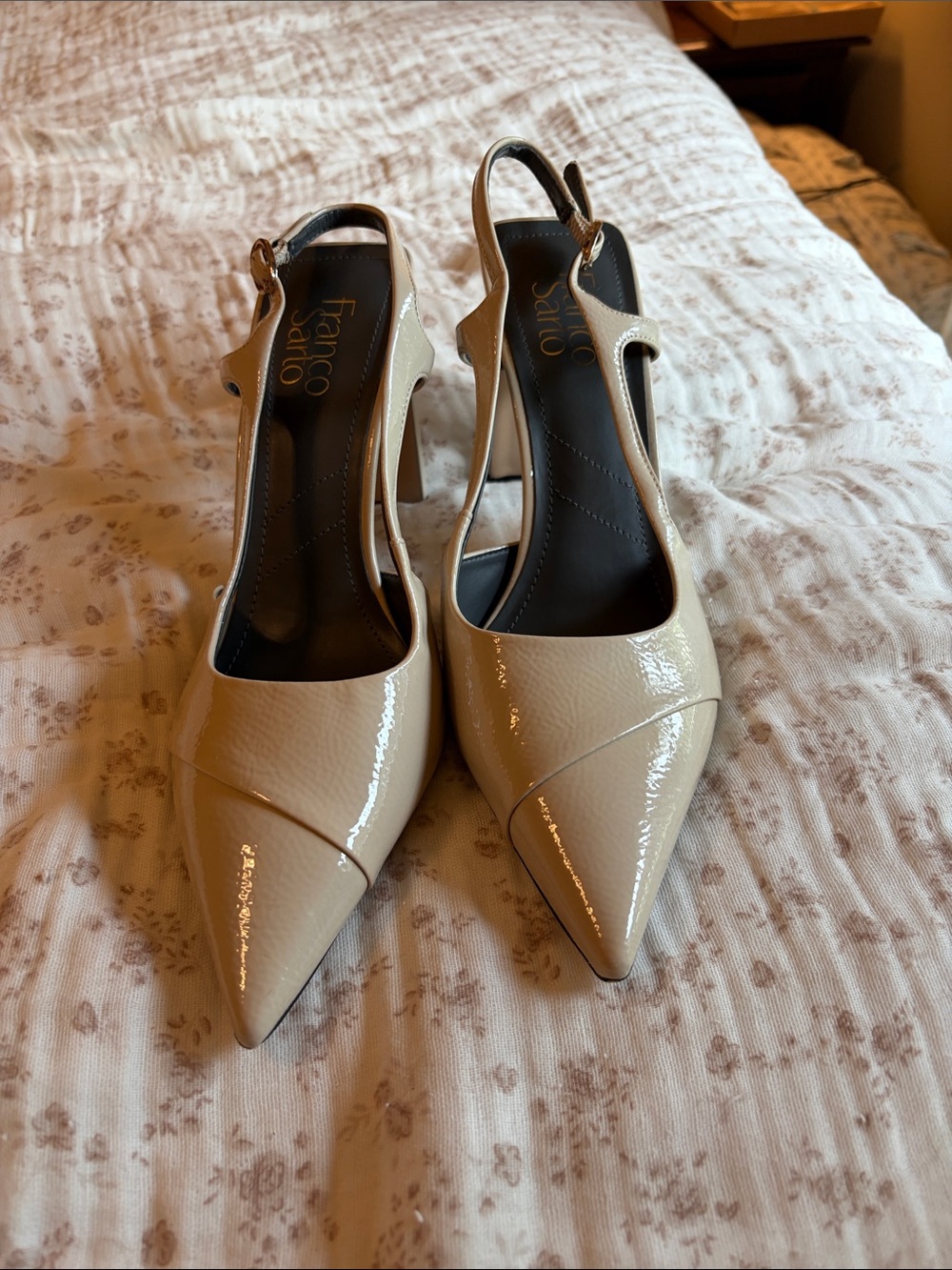 Franco Sarto Cream Patent Pointed Slingback Heels - Picture 6 of 17